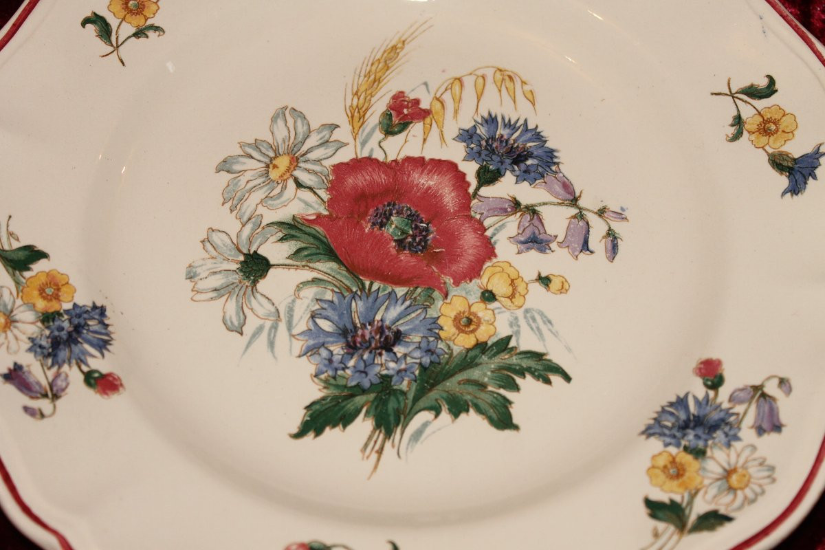 Sarreguemines Earthenware Dinner Service With Rustic Decor And Large Bouquet, Early 20th Century-photo-8