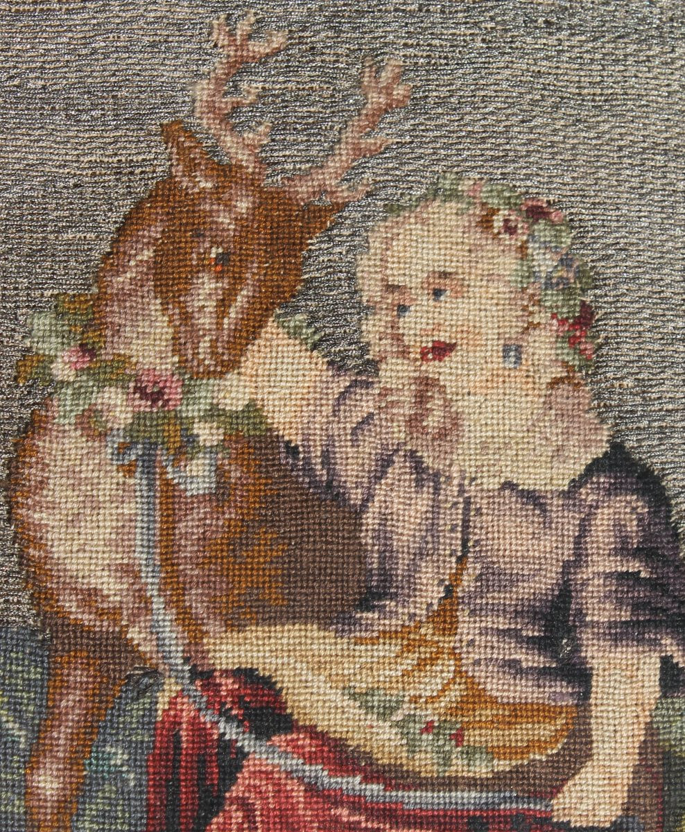 Tapisserie romantique à décor pastoral sur fils d'argent époque 19ème cadre en ébène -photo-2