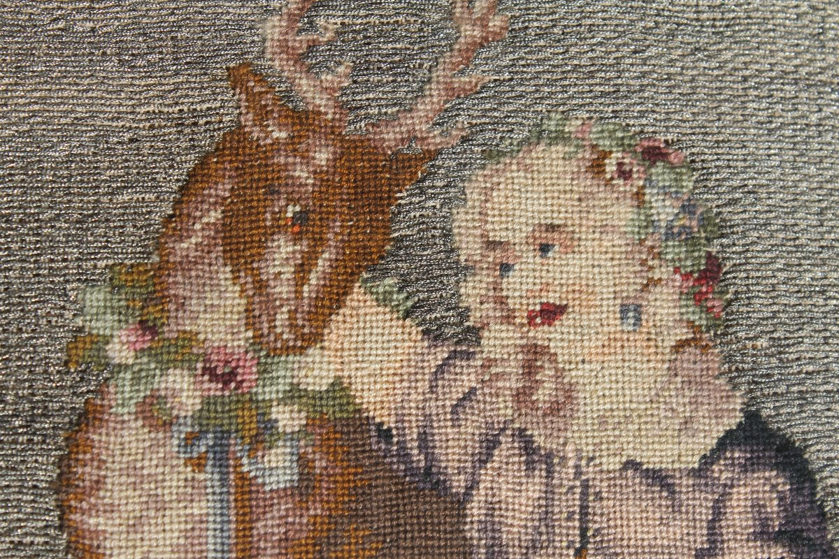 Tapisserie romantique à décor pastoral sur fils d'argent époque 19ème cadre en ébène -photo-3