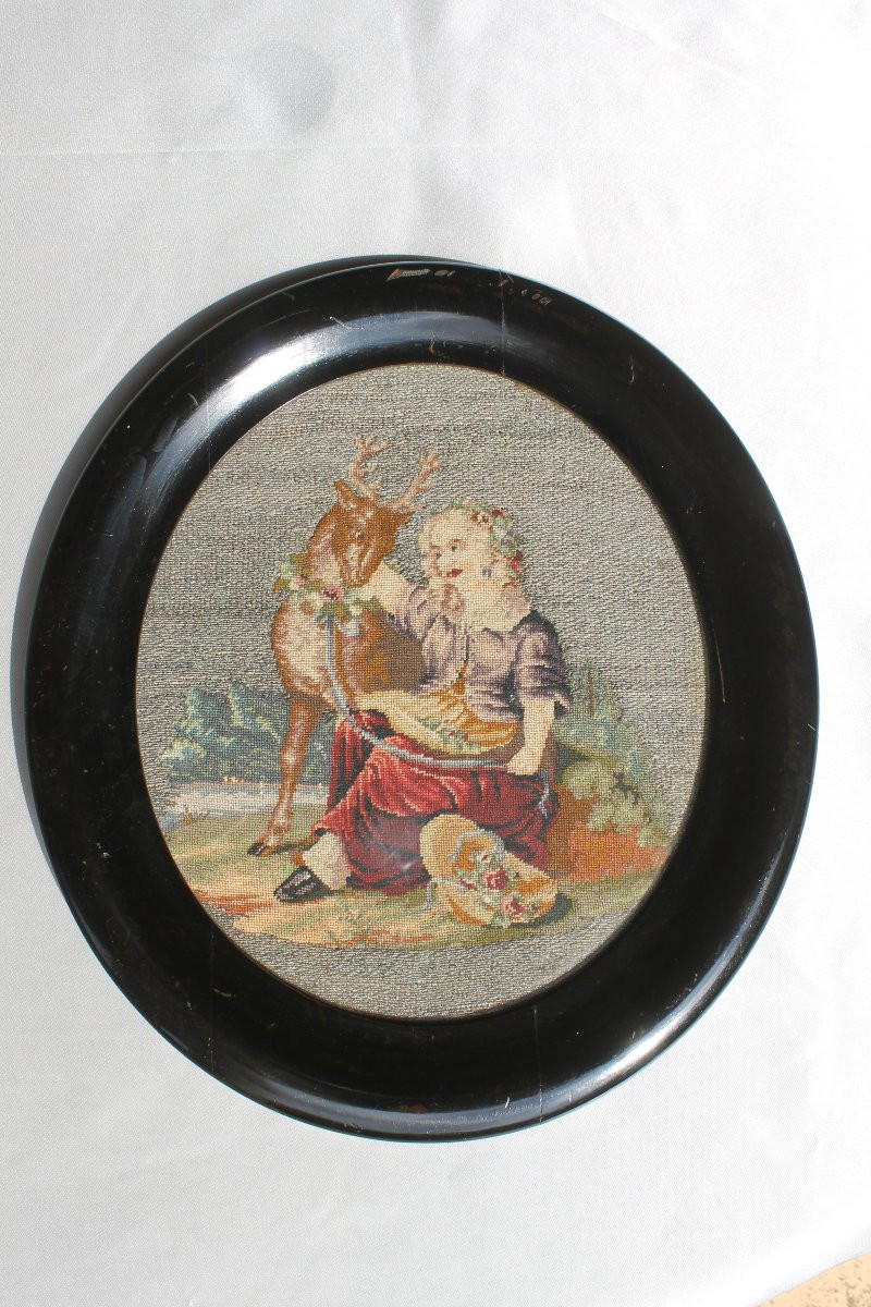 Tapisserie romantique à décor pastoral sur fils d'argent époque 19ème cadre en ébène -photo-5