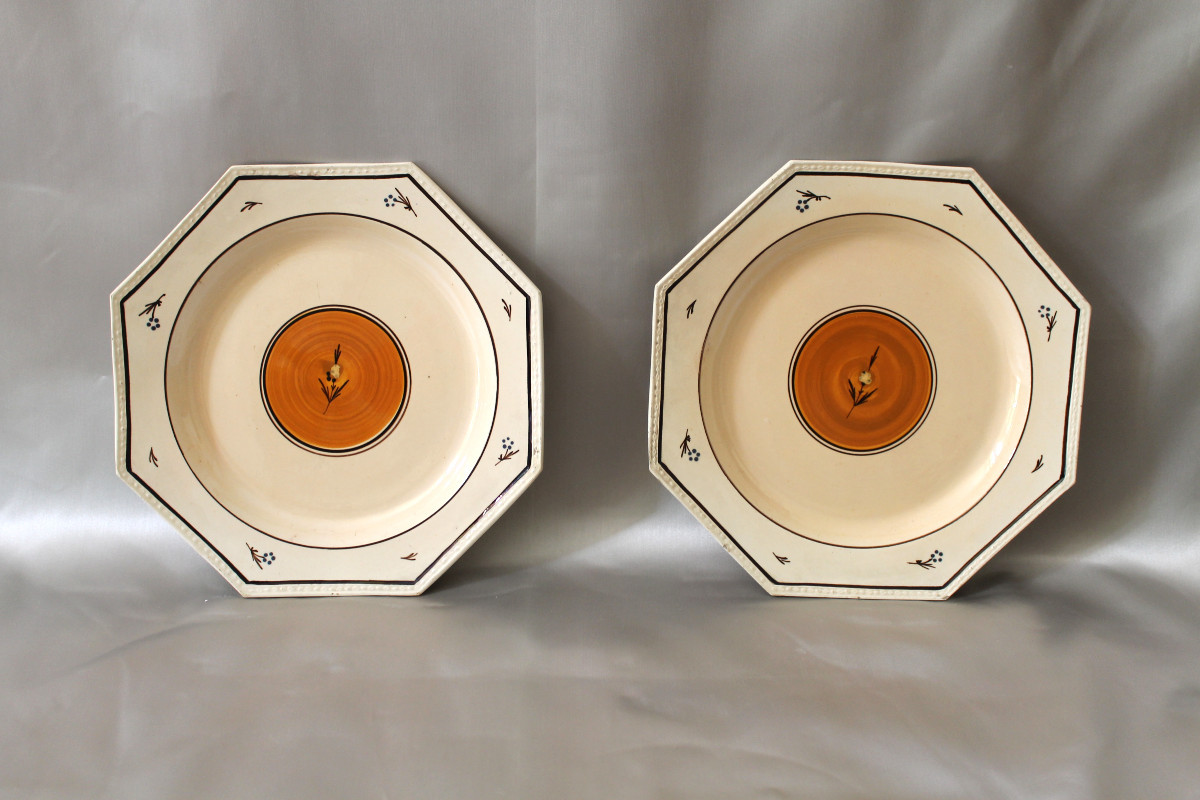 Pair Of 18th Century Nevers Earthenware Octagonal Beaded Plates Signed Dubois