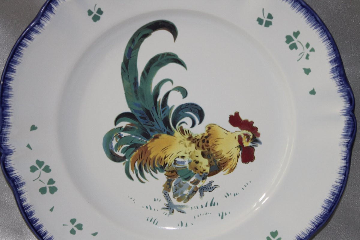 3 Lunéville Earthenware Dishes Decorated With A Rooster. Perfect Condition, 20th Century.-photo-3