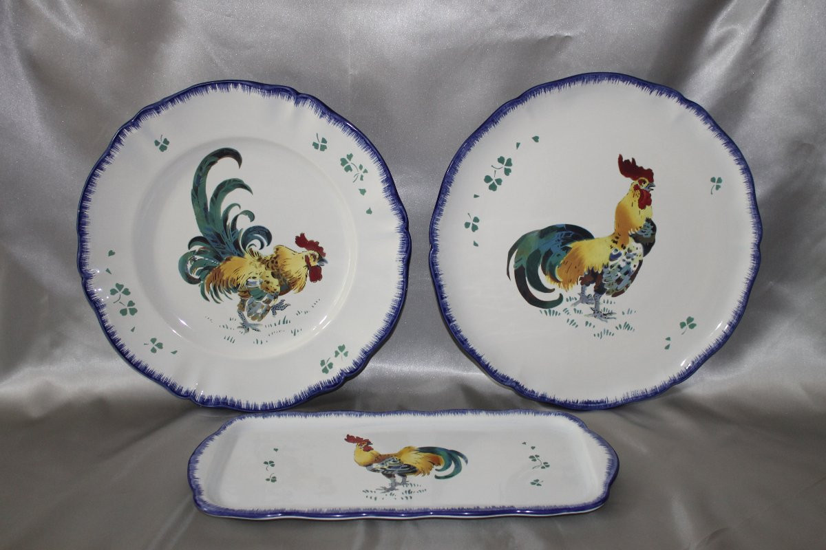 3 Lunéville Earthenware Dishes Decorated With A Rooster. Perfect Condition, 20th Century.-photo-2