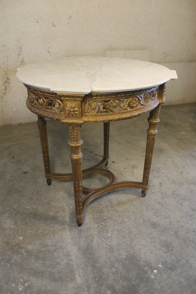 Table guéridon en bois sculpté doré de style Louis XVI époque 19ème-photo-4