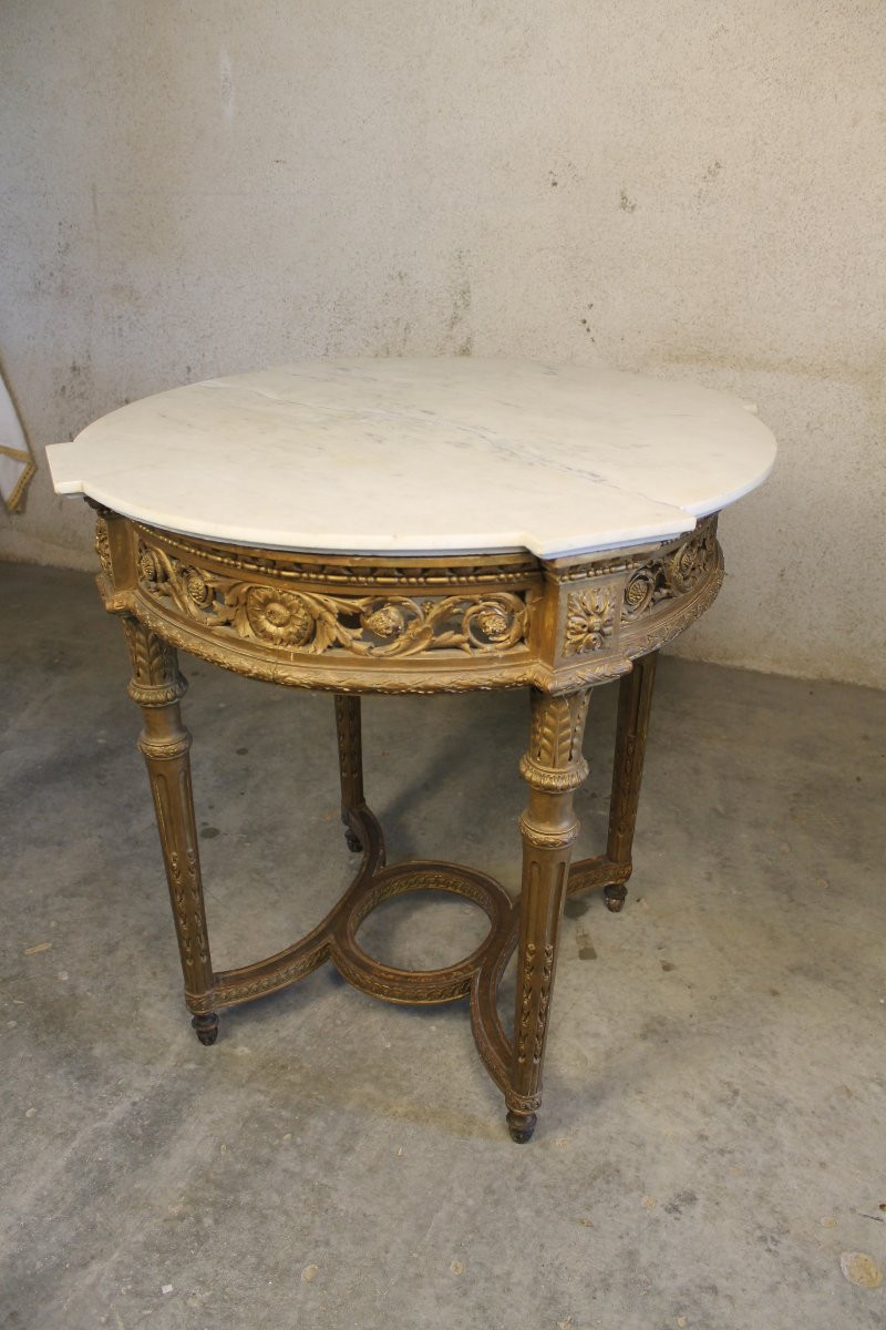 Table guéridon en bois sculpté doré de style Louis XVI époque 19ème-photo-3