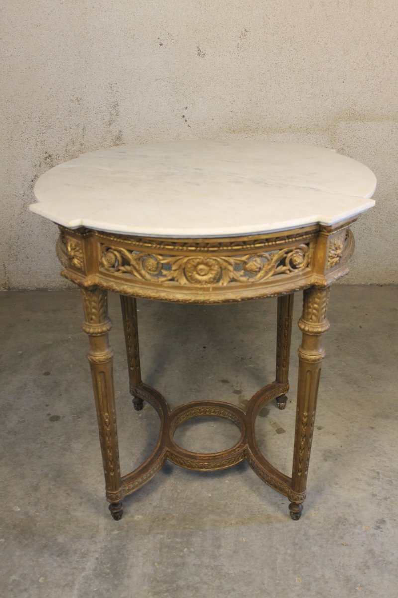 Table guéridon en bois sculpté doré de style Louis XVI époque 19ème-photo-4