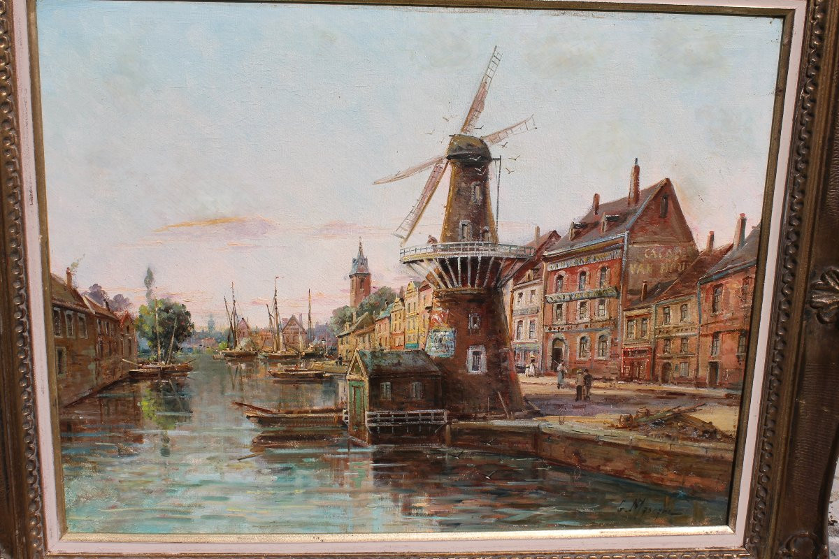 Gustave Mascart Oil On Canvas Landscape Of A Fishing Port In Holland 19th Century-photo-2