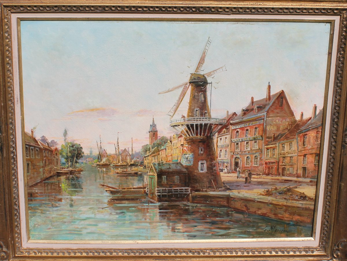 Gustave Mascart Oil On Canvas Landscape Of A Fishing Port In Holland 19th Century-photo-1