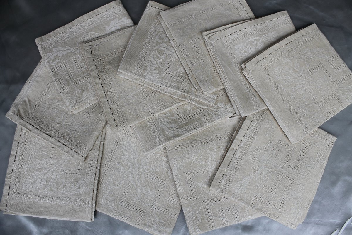 12 Ivory-colored Linen Napkins With Openwork Floral Decoration, Very Good Condition, Early 20th Century-photo-7