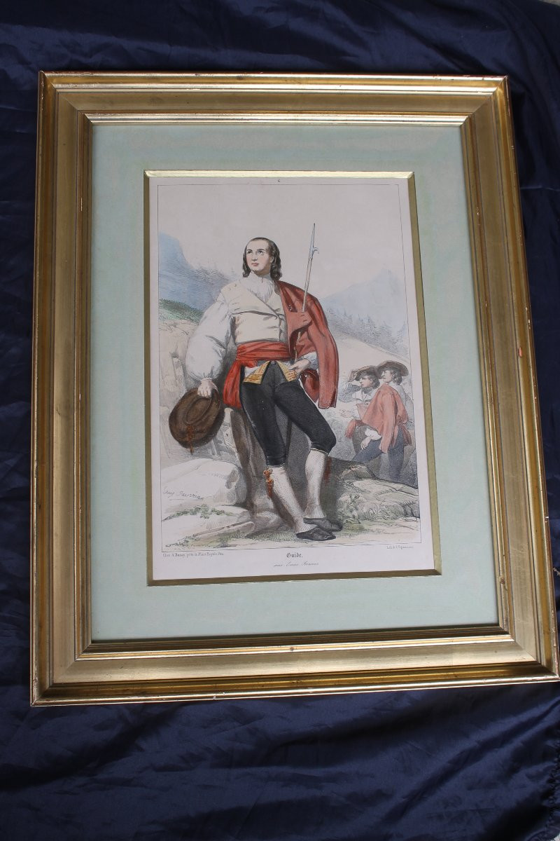 2 Color Lithographs Of Eugène Déveria, Guide And Washerwoman In Eaux-bonnes Pyrénées, 19th Century-photo-2