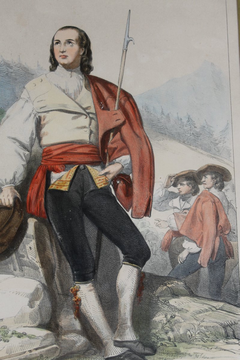 2 Color Lithographs Of Eugène Déveria, Guide And Washerwoman In Eaux-bonnes Pyrénées, 19th Century-photo-2