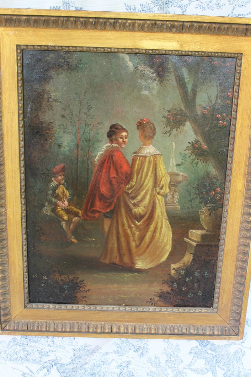 Pair Of Framed Oils On Canvas Depicting Gallant Scenes From The Romantic Period, 19th Century-photo-3