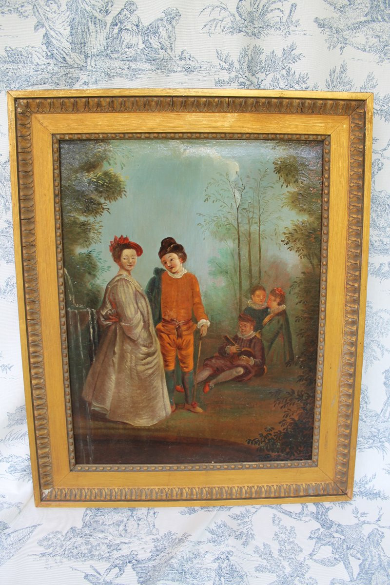 Pair Of Framed Oils On Canvas Depicting Gallant Scenes From The Romantic Period, 19th Century-photo-5