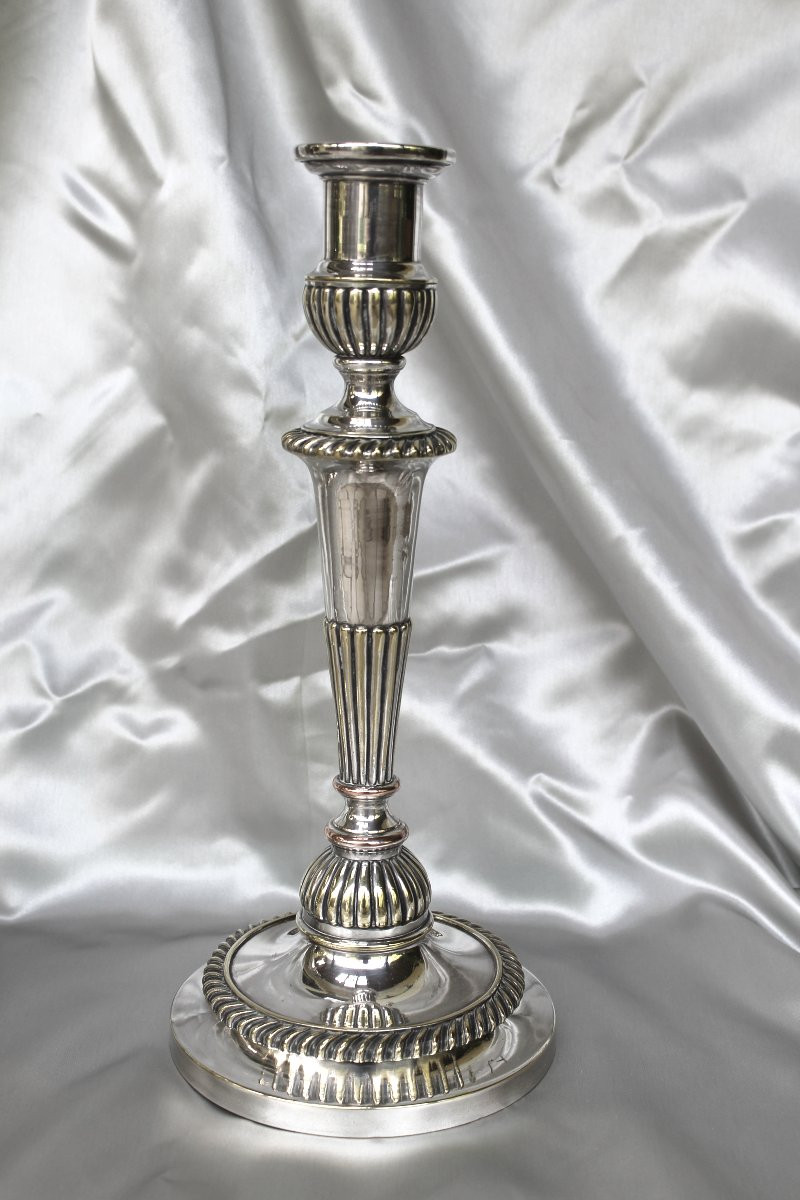 Pair Of Louis XVI Style Candlesticks In Silver-plated Bronze, Early 19th Century-photo-3