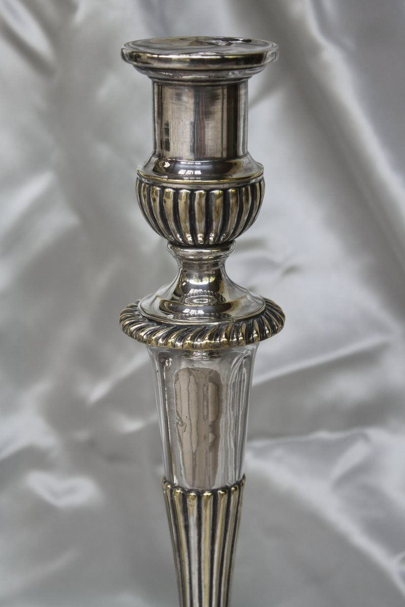 Pair Of Louis XVI Style Candlesticks In Silver-plated Bronze, Early 19th Century-photo-2