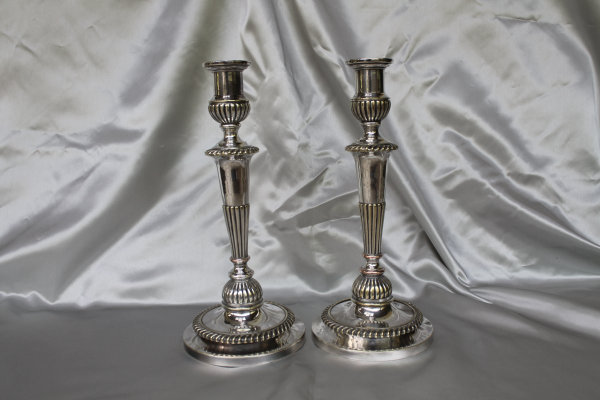 Pair Of Louis XVI Style Candlesticks In Silver-plated Bronze, Early 19th Century-photo-6
