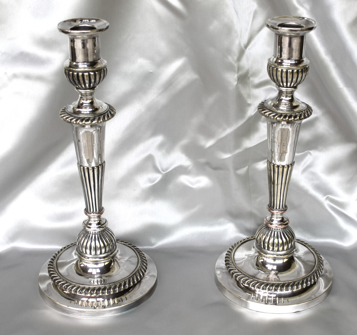 Pair Of Louis XVI Style Candlesticks In Silver-plated Bronze, Early 19th Century
