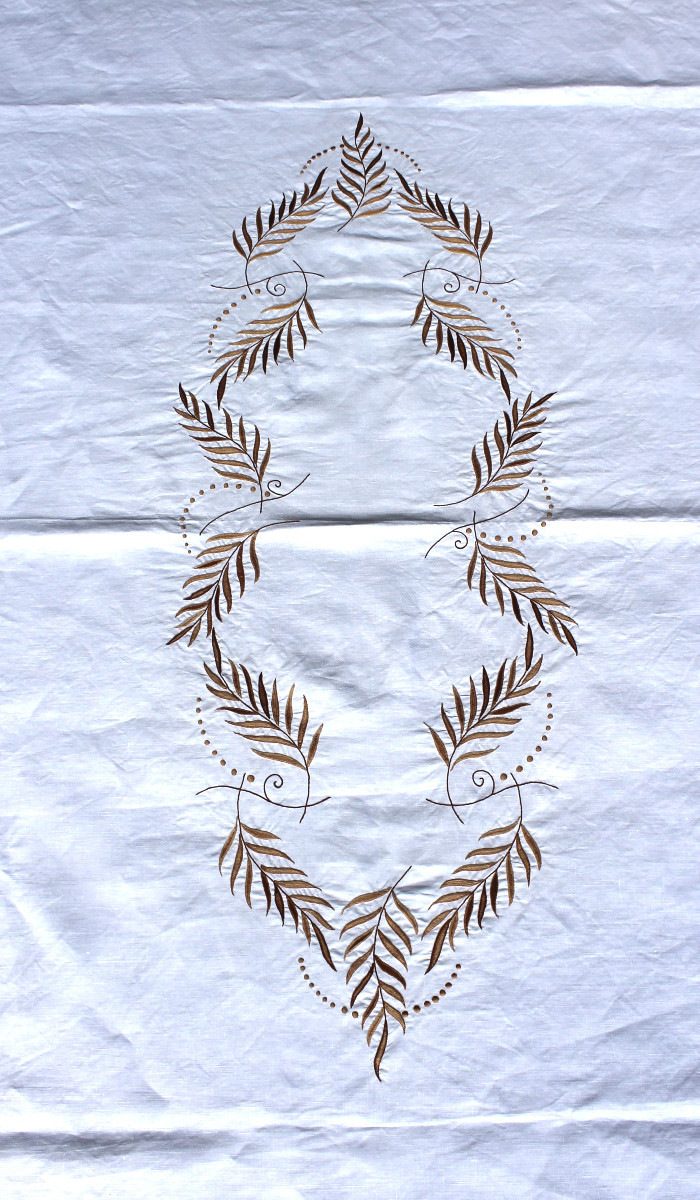 Embroidered Tablecloth With Fern Decoration, Size: 235 X 135 Cm, Perfect Condition