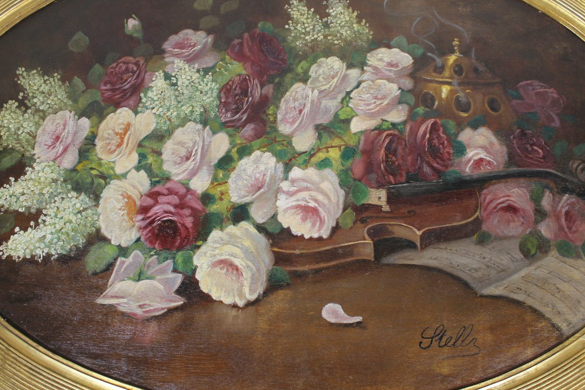 Grande gouache sur panneau à décor floral époque Art Déco avec son cadre en bois doré d'origine-photo-3
