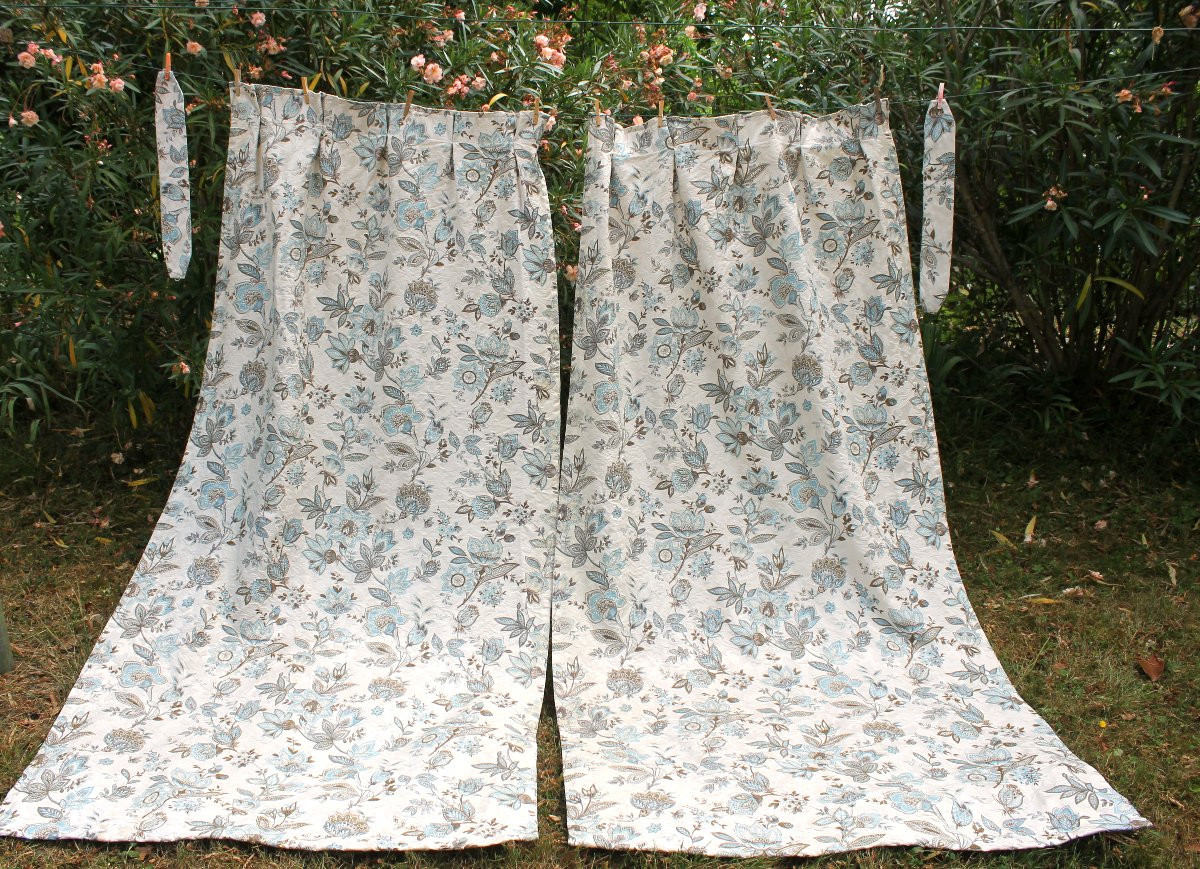 2 paires de rideaux tentures décor à l'Indienne en bleu époque 20ème-photo-2