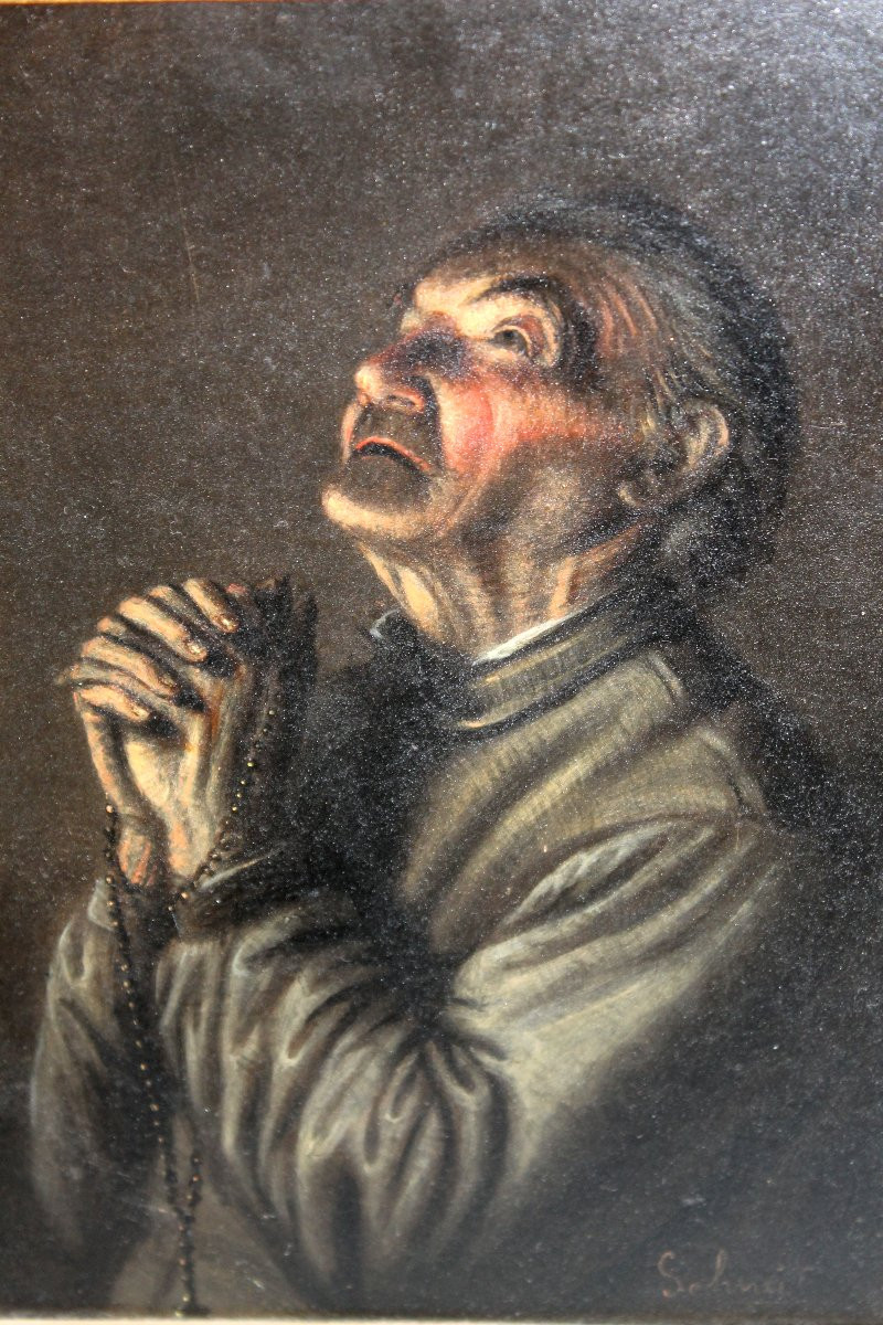 Oil On Copper Signed A. Schmit Austrian School 18th Century Monk In Prayer-photo-3