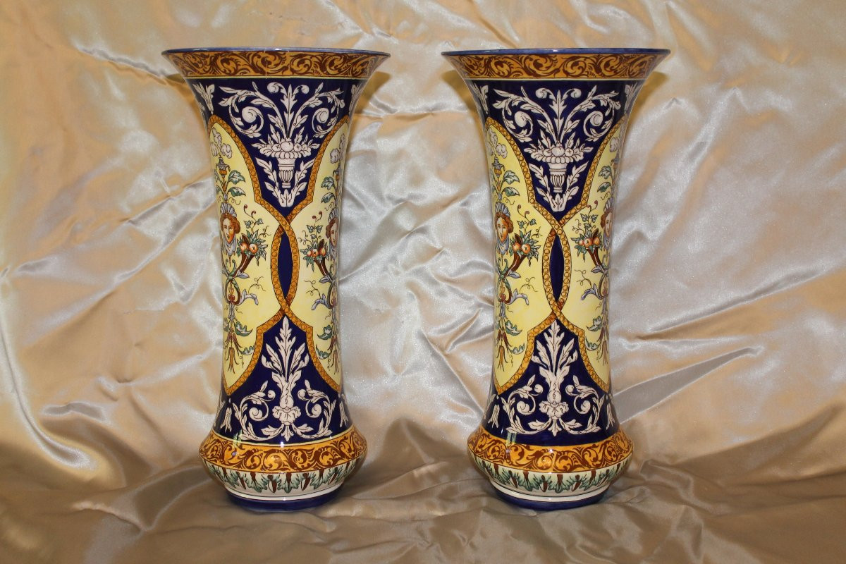Pair Of Sarreguemines Earthenware Vases With Italian Renaissance Decoration, Late 19th Century-photo-2