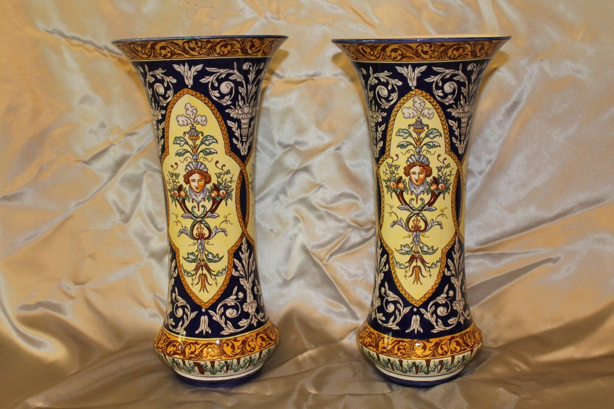 Pair Of Sarreguemines Earthenware Vases With Italian Renaissance Decoration, Late 19th Century-photo-3