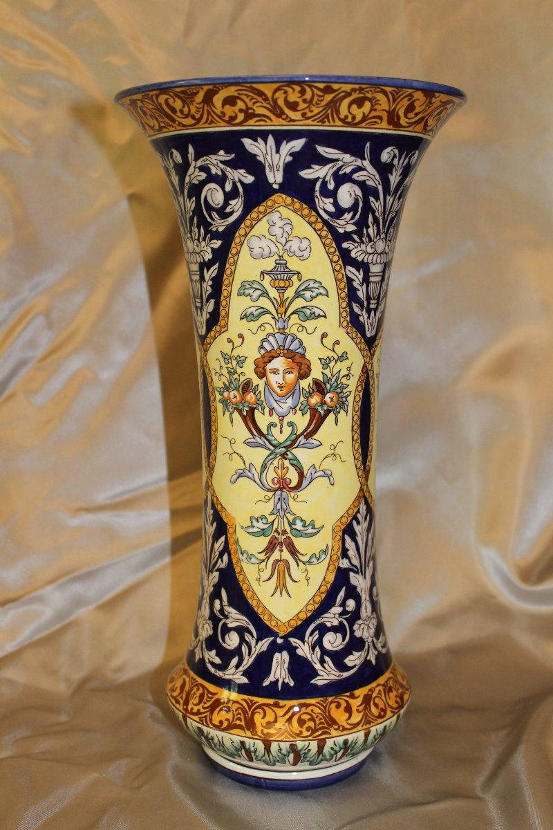 Pair Of Sarreguemines Earthenware Vases With Italian Renaissance Decoration, Late 19th Century-photo-4