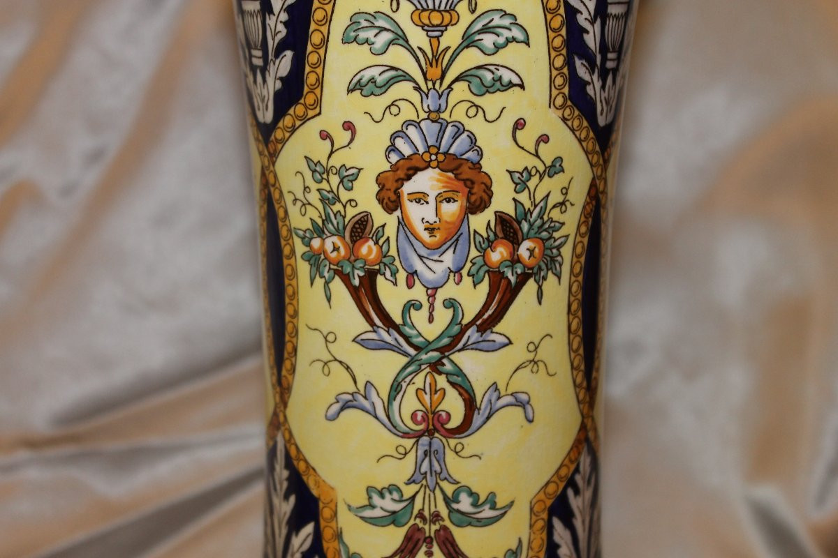 Pair Of Sarreguemines Earthenware Vases With Italian Renaissance Decoration, Late 19th Century-photo-2