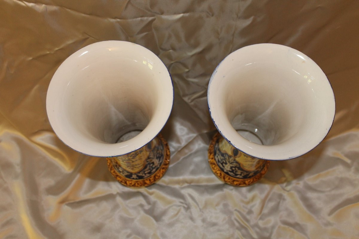 Pair Of Sarreguemines Earthenware Vases With Italian Renaissance Decoration, Late 19th Century-photo-4