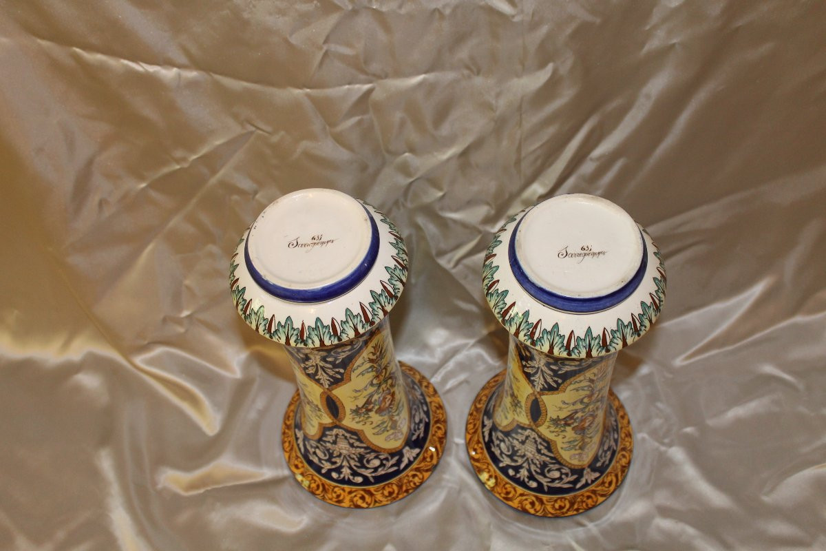 Pair Of Sarreguemines Earthenware Vases With Italian Renaissance Decoration, Late 19th Century-photo-5