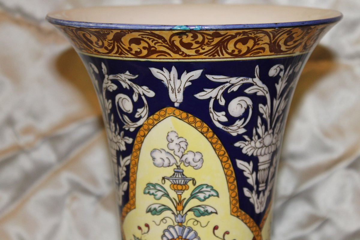 Pair Of Sarreguemines Earthenware Vases With Italian Renaissance Decoration, Late 19th Century-photo-6