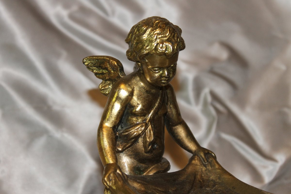Encrier en bronze avec 2 amours ailés jouant avec un drap époque 19ème romantique-photo-1