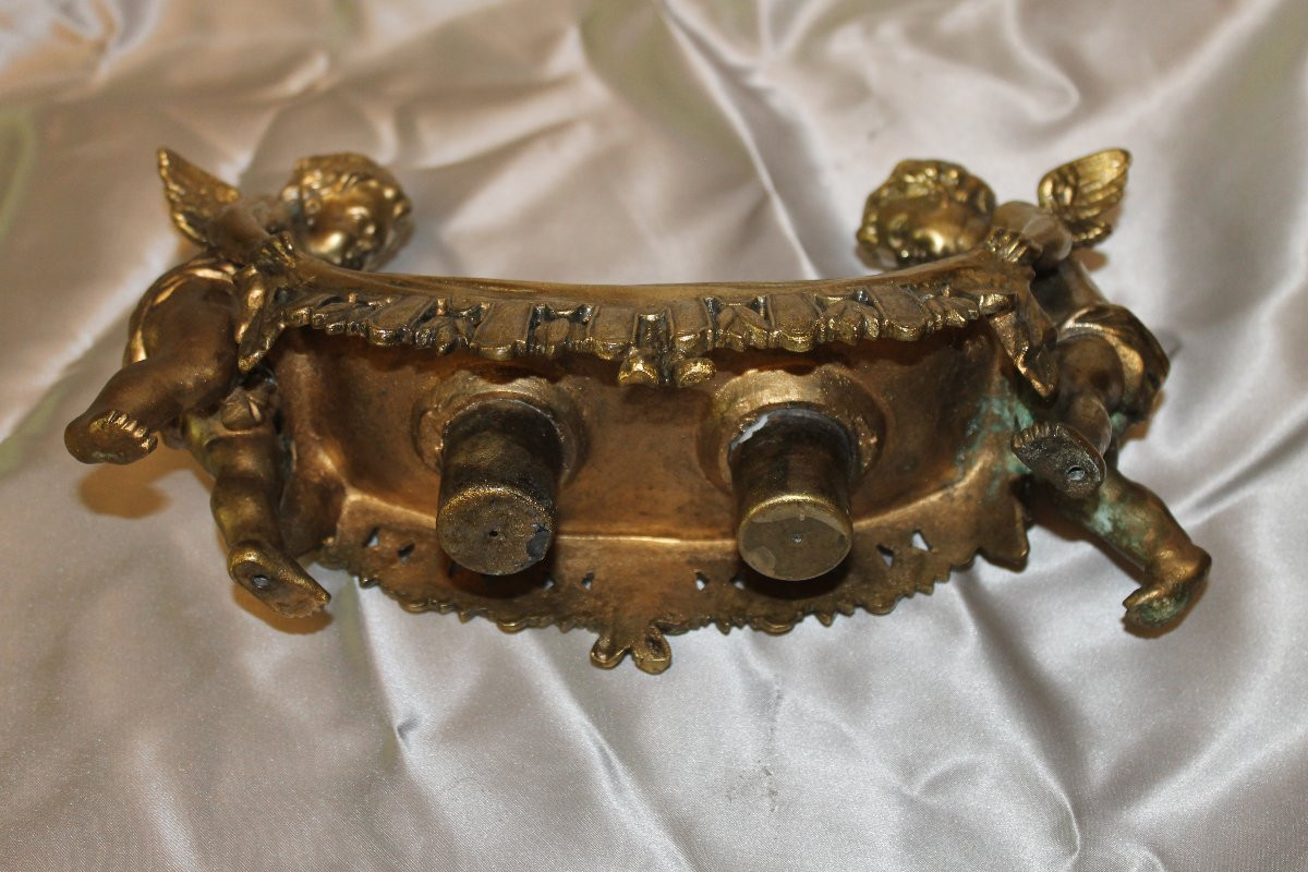 Encrier en bronze avec 2 amours ailés jouant avec un drap époque 19ème romantique-photo-7