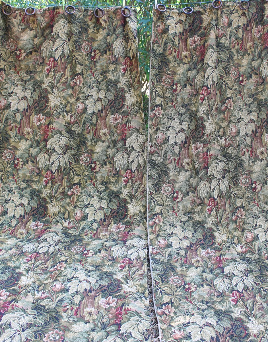 2 paires de rideaux tentures en tissé Jacquard à décor de verdure de style Louis XIII-photo-2