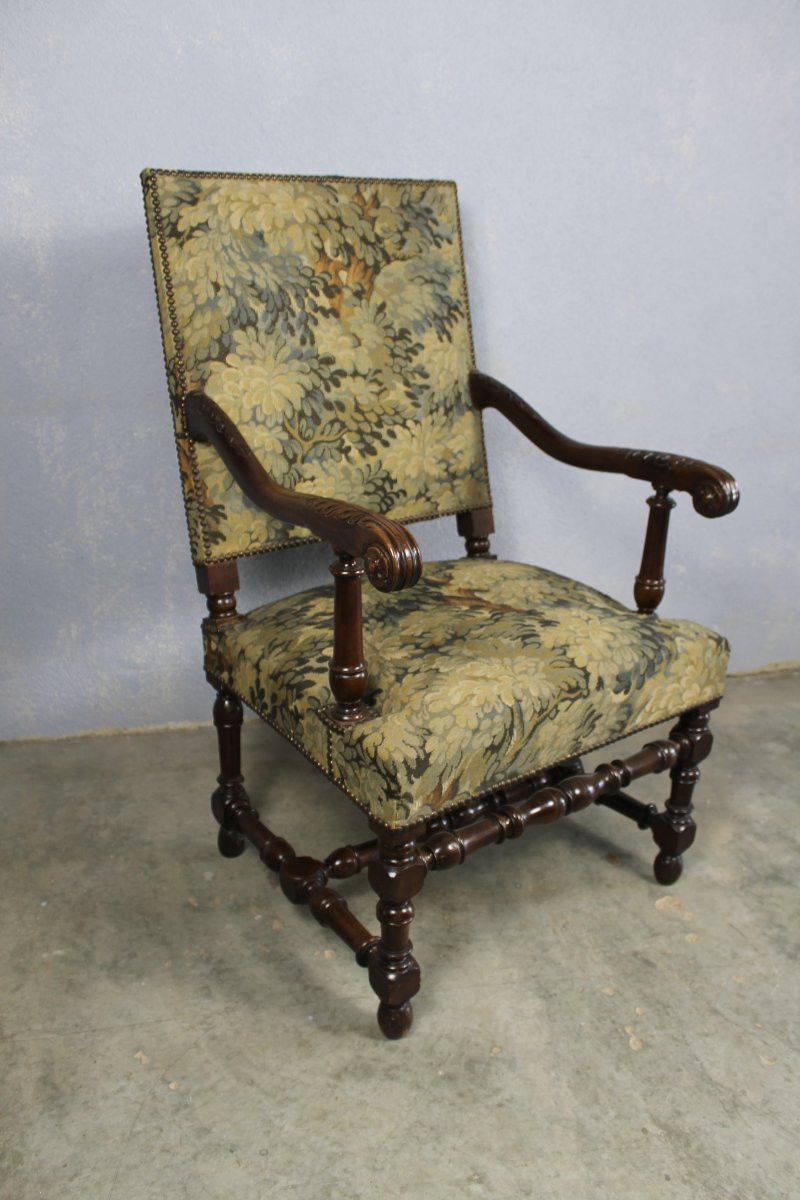 Louis XIV Style Armchair In Carved Walnut Covered With Greenery, Mid-19th Century-photo-3