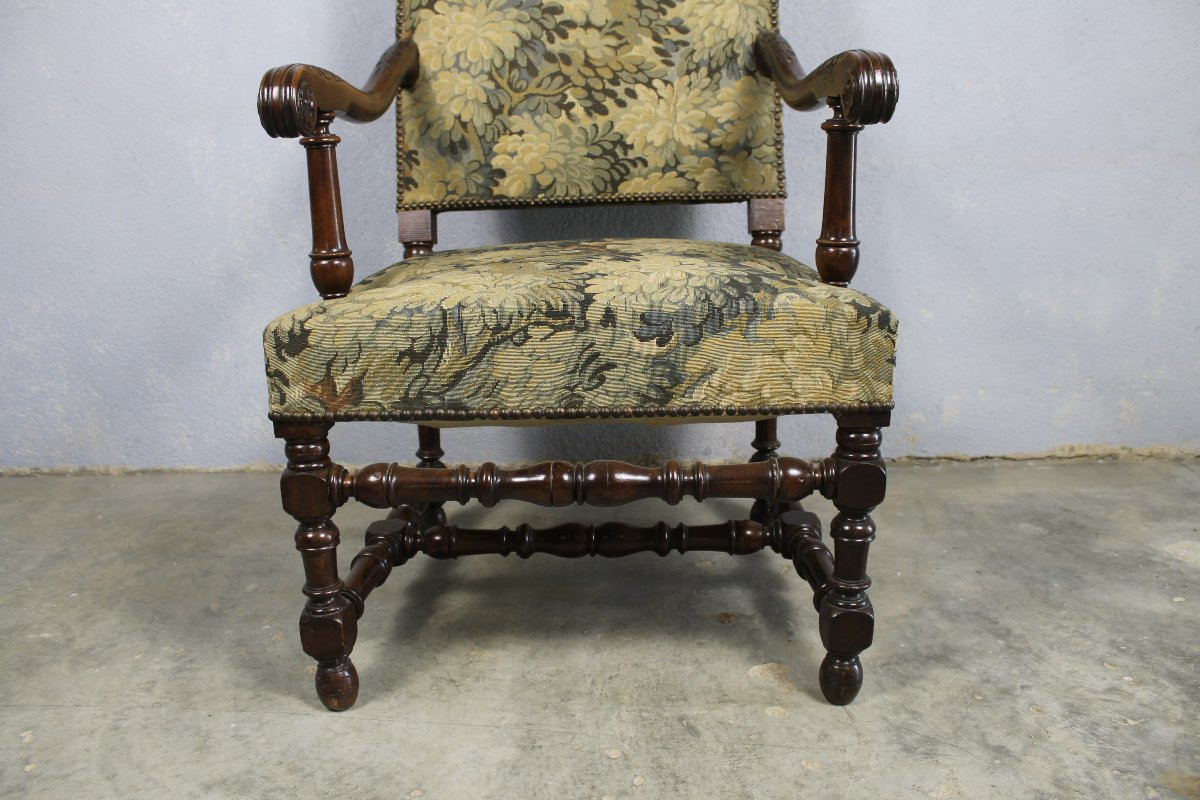 Louis XIV Style Armchair In Carved Walnut Covered With Greenery, Mid-19th Century-photo-1