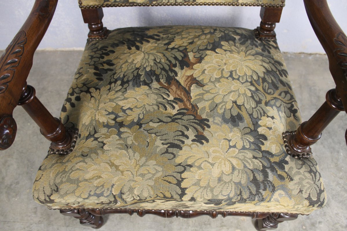 Louis XIV Style Armchair In Carved Walnut Covered With Greenery, Mid-19th Century-photo-2