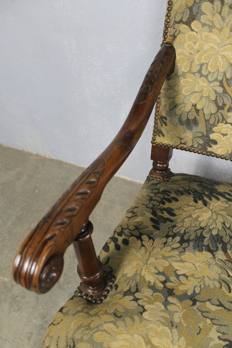 Louis XIV Style Armchair In Carved Walnut Covered With Greenery, Mid-19th Century-photo-3