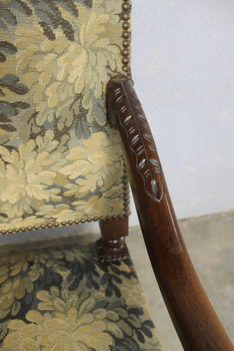 Louis XIV Style Armchair In Carved Walnut Covered With Greenery, Mid-19th Century-photo-4