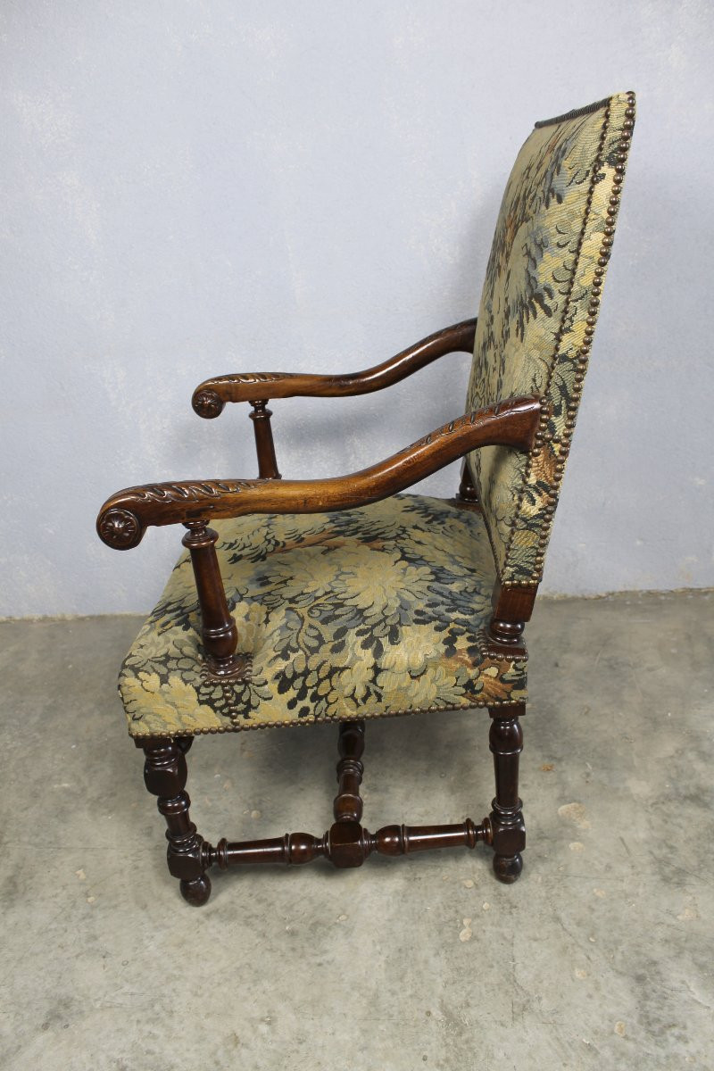 Louis XIV Style Armchair In Carved Walnut Covered With Greenery, Mid-19th Century-photo-5