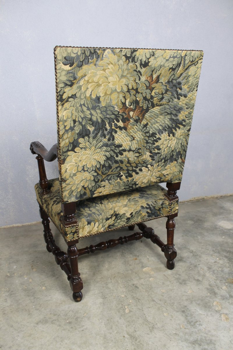 Louis XIV Style Armchair In Carved Walnut Covered With Greenery, Mid-19th Century-photo-6