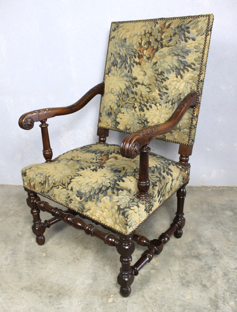Louis XIV Style Armchair In Carved Walnut Covered With Greenery, Mid-19th Century
