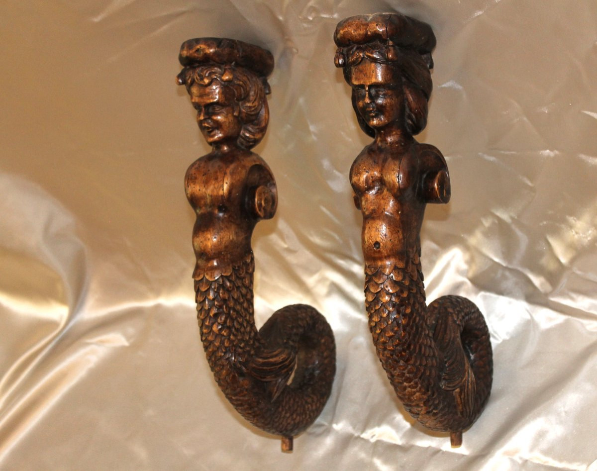 Pair Of Mermaids In Carved Walnut Wood, 19th Century, Decorative Elements, Sculpture -photo-2