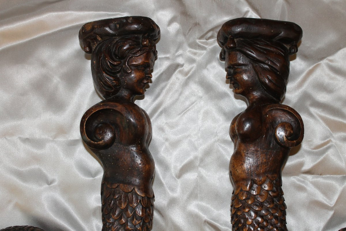 Pair Of Mermaids In Carved Walnut Wood, 19th Century, Decorative Elements, Sculpture -photo-4
