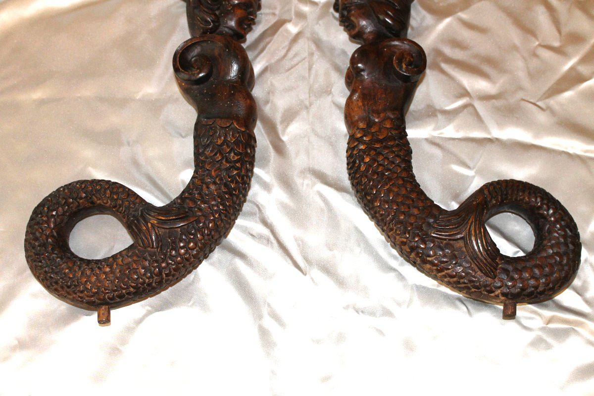 Pair Of Mermaids In Carved Walnut Wood, 19th Century, Decorative Elements, Sculpture -photo-1