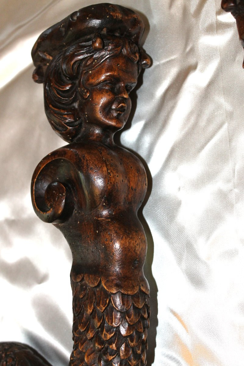 Pair Of Mermaids In Carved Walnut Wood, 19th Century, Decorative Elements, Sculpture -photo-3