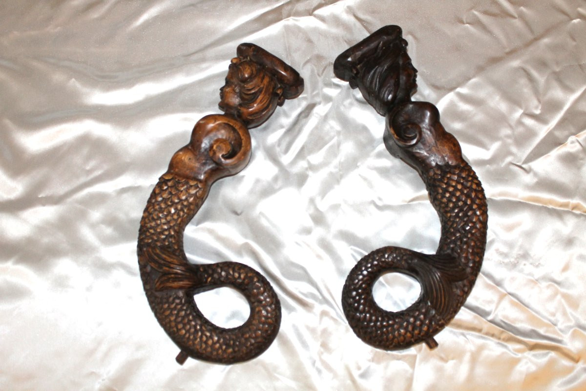 Pair Of Mermaids In Carved Walnut Wood, 19th Century, Decorative Elements, Sculpture -photo-6