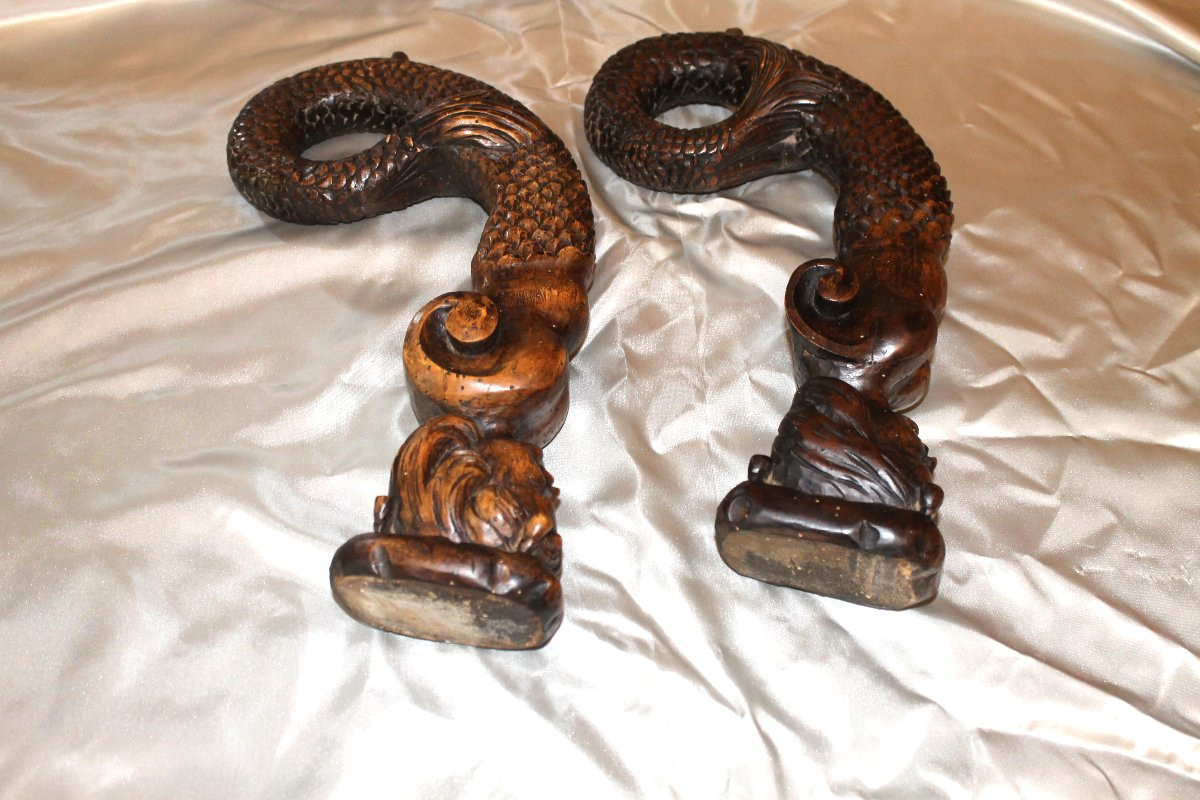 Pair Of Mermaids In Carved Walnut Wood, 19th Century, Decorative Elements, Sculpture -photo-7