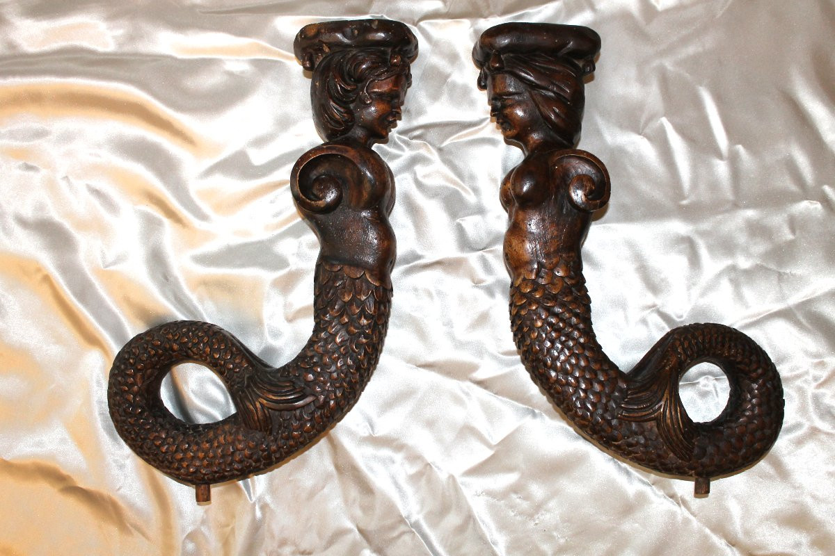 Pair Of Mermaids In Carved Walnut Wood, 19th Century, Decorative Elements, Sculpture -photo-8